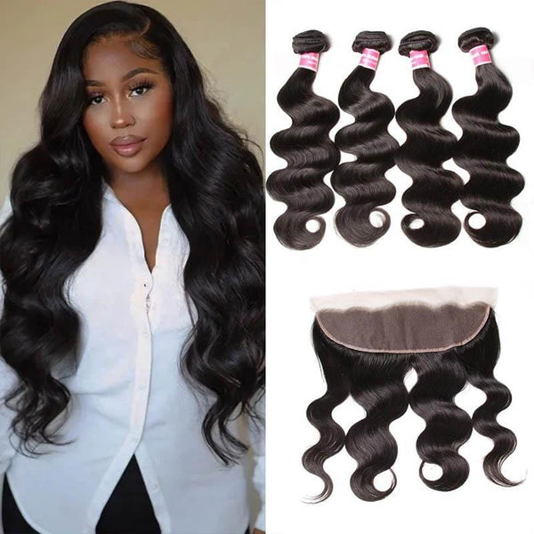 Klaiyi Peruvian Body Wave Virgin Hair 4 Bundles with Frontal Closure Natural Color