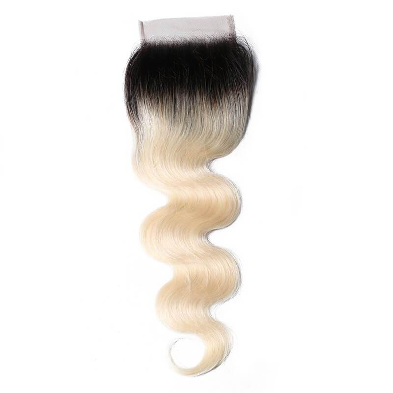 Klaiyi 1B/613 Body Wave Ombre Hair 4 Bundles with 4*4 Closure, 2 Tone Color Human Hair Weave Extensions For Sale