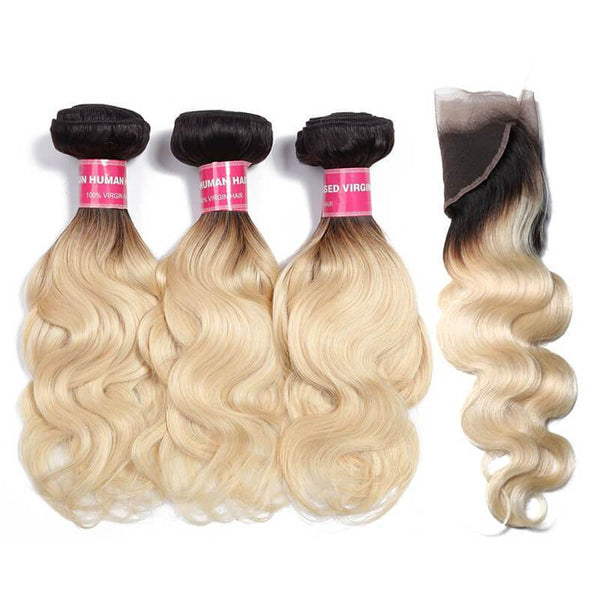 Klaiyi 1B/613 Body Wave Ombre Hair 3 Bundles with 13*4 Frontal Closure, 2 Tone Color Human Hair Weave Extensions For Sale