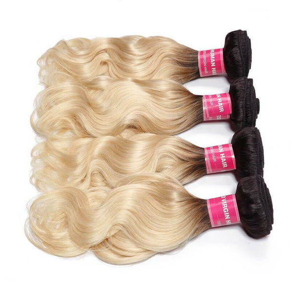 Klaiyi 4 Bundles Body Wave 1b/613 Ombre Hair Weave , 2 Tone Color Ombre Human Hair Weaves