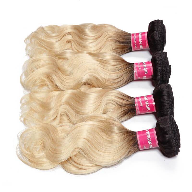 Klaiyi 1B/613 Body Wave Ombre Hair 4 Bundles with 4*4 Closure, 2 Tone Color Human Hair Weave Extensions For Sale