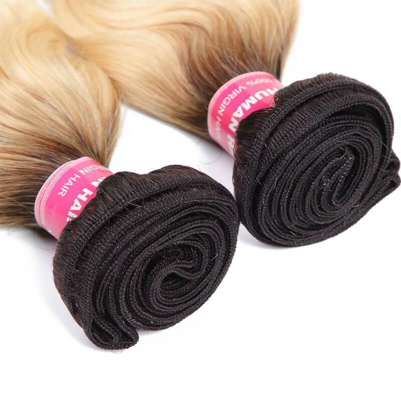 Klaiyi 4 Bundles Body Wave 1b/613 Ombre Hair Weave , 2 Tone Color Ombre Human Hair Weaves