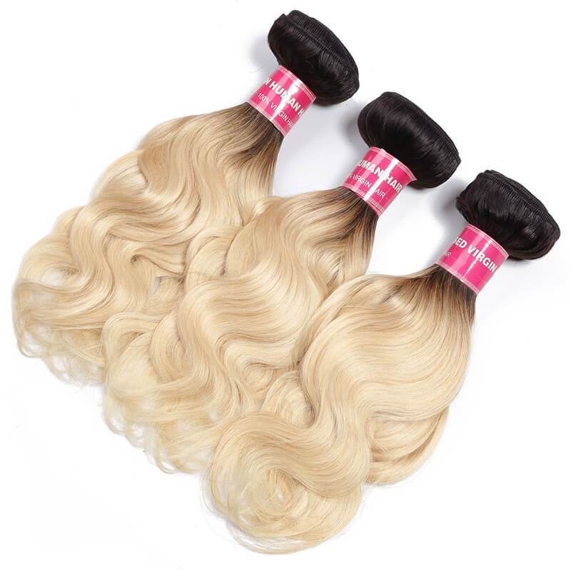 Klaiyi 1B/613 Body Wave Ombre Hair 3 Bundles with 13*4 Frontal , 2 Tone Color Human Hair Weave Extensions For Sale