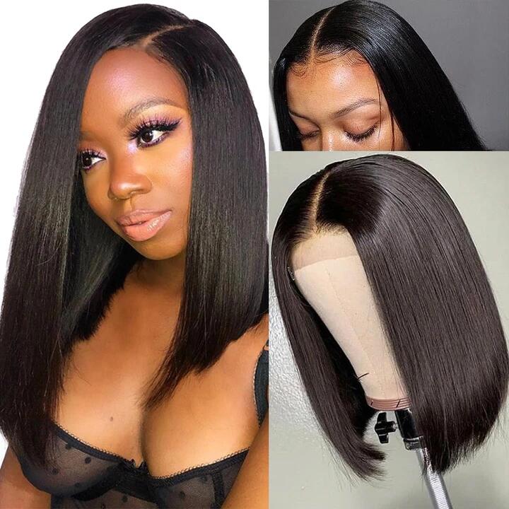 Klaiyi High Quality 4x4 Lace Closure Bob Wigs With Baby Hair Short Straight Human Hair 150% Density