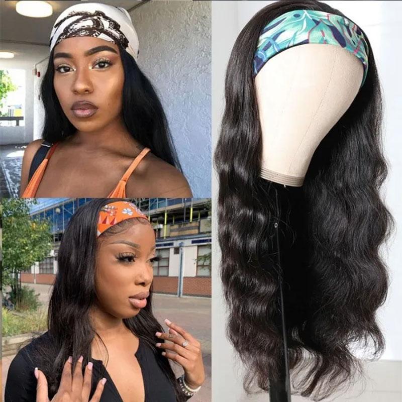 Klaiyi Flash Deal Body Wave Headband Wig Glueless Human Hair Wigs With Pre-attached Scarf Half Wig 150% Density