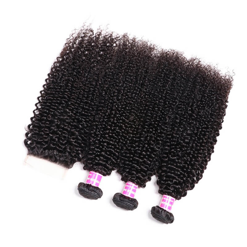 Klaiyi Malaysian 100% Human Hair Kinky Curly Hair 3 Bundles with 4*4 Lace Closure Human Hair Weave