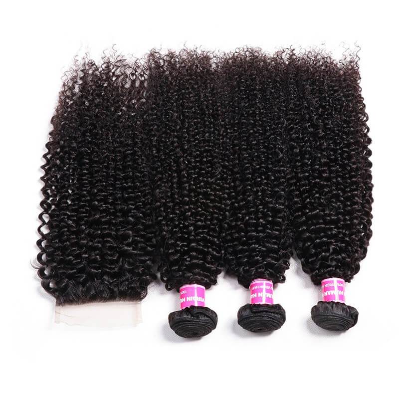 Klaiyi Malaysian 100% Human Hair Kinky Curly Hair 3 Bundles with 4*4 Lace Closure Human Hair Weave