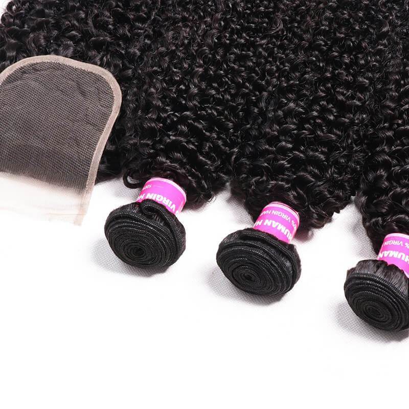 Klaiyi Hair Brazilian Kinky Curly Hair 3 Bundles with 4*4 Lace Closure 100% Virgin Human Hair Weave