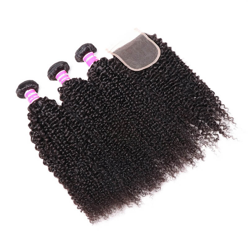 Klaiyi Hair Kinky Curly Hair Weave 3 Bundles with 4x4 Lace Closure 100% Human Hair Weave