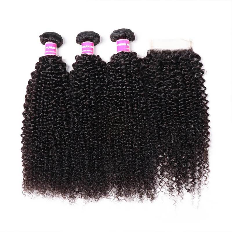 Klaiyi Hair Brazilian Kinky Curly Hair 3 Bundles with 4*4 Lace Closure 100% Virgin Human Hair Weave