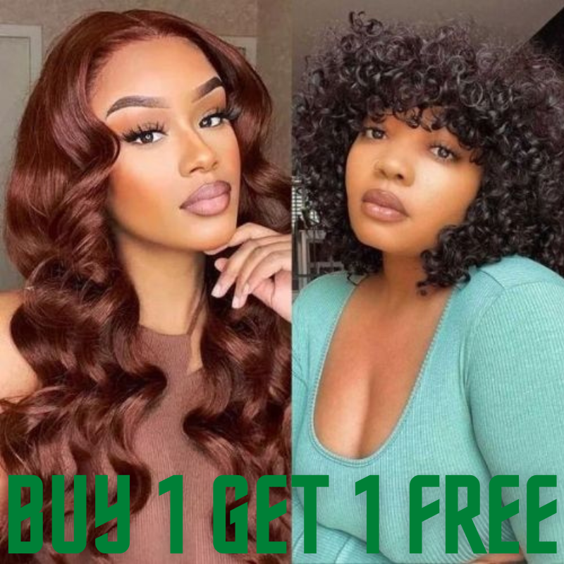 Buy 1 Get 1 Free | Klaiyi Hair Buy Reddish Brown Body wave Lace Front Wig Get Bouncy Curls Wig Free Flash Sale