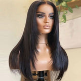 Klaiyi Bone Straight Lace Front Wigs with Layer Inner Buckle Virgin Human Hair Wigs For Women