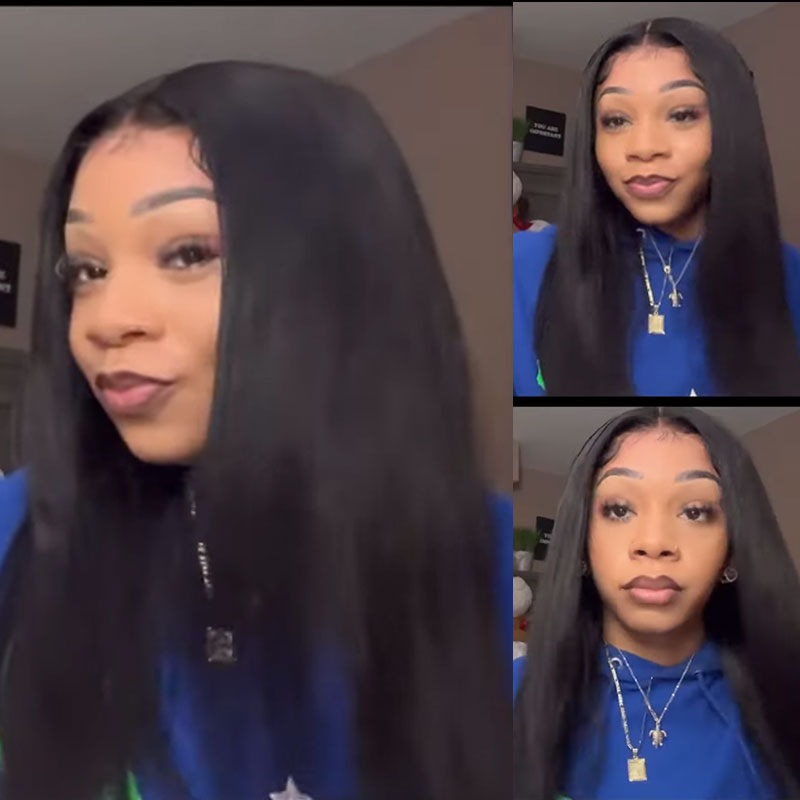 Klaiyi Bone Straight Lace Front Wigs with Layer Inner Buckle Virgin Human Hair Wigs For Women