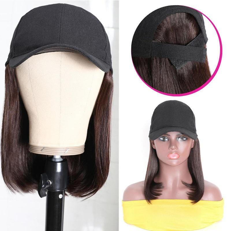 Klaiyi Straight Human Hair Cap Wigs Dark Brown Bob Wigs With Hat Short Straight Hair Hat Wig 150% Density