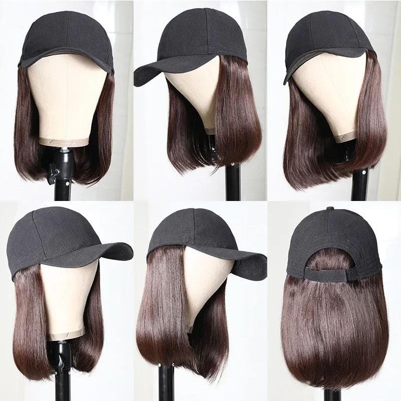 Klaiyi Straight Human Hair Cap Wigs Dark Brown Bob Wigs With Hat Short Straight Hair Hat Wig 150% Density