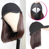 Klaiyi Straight Human Hair Cap Wigs Dark Brown Bob Wigs With Hat Short Straight Hair Hat Wig 150% Density