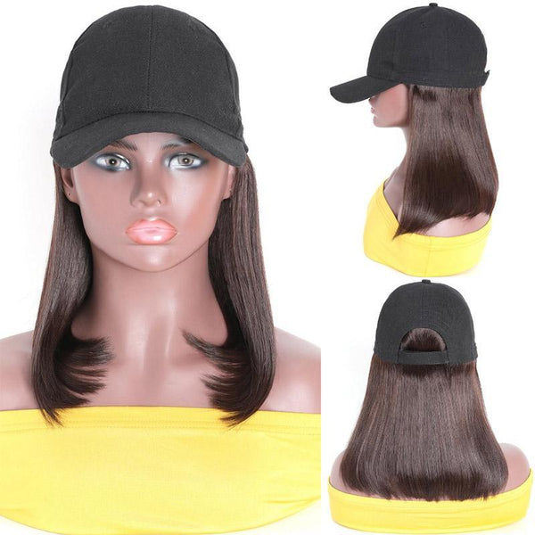 Klaiyi Straight Human Hair Cap Wigs Dark Brown Bob Wigs With Hat Short Straight Hair Hat Wig 150% Density