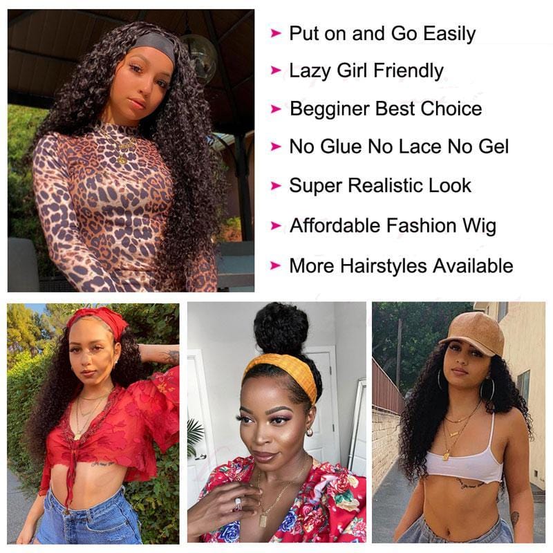Klaiyi Headband Wig Curly Human Hair Wig With Free Scarf Natural Color Wig For Women