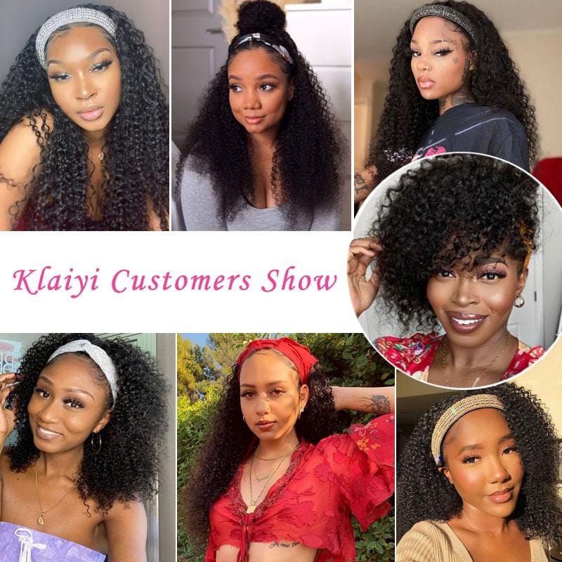 Klaiyi Headband Wig Curly Human Hair Wig With Free Scarf Natural Color Wig For Women