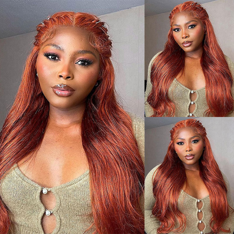 Klaiyi Spicy Ginger 13x4 Lace Front Wig Body Wave Human Hair Wig Copper Brown Hair