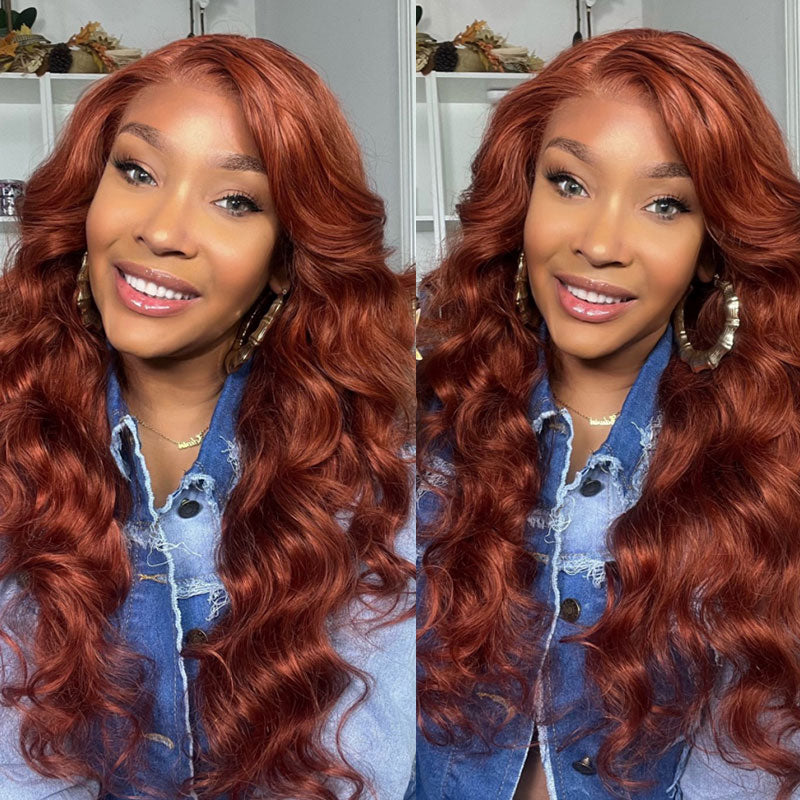 Klaiyi Spicy Ginger 13x4 Lace Front Wig Body Wave Human Hair Wig Copper Brown Hair