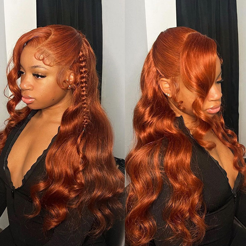 Klaiyi Spicy Ginger 13x4 Lace Front Wig Body Wave Human Hair Wig Copper Brown Hair