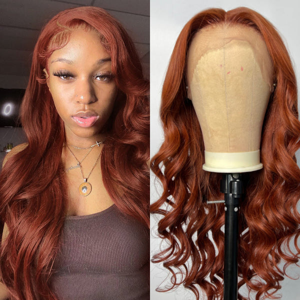 Klaiyi Spicy Ginger 13x4 Lace Front Wig Body Wave Human Hair Wig Copper Brown Hair