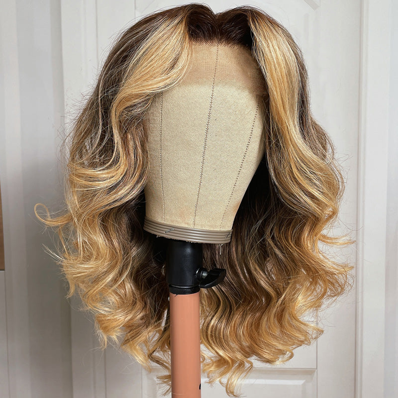 Dark Root Brown to Blonde Lace Front Wig Pre Plucked Ombre Klaiyi Human Hair