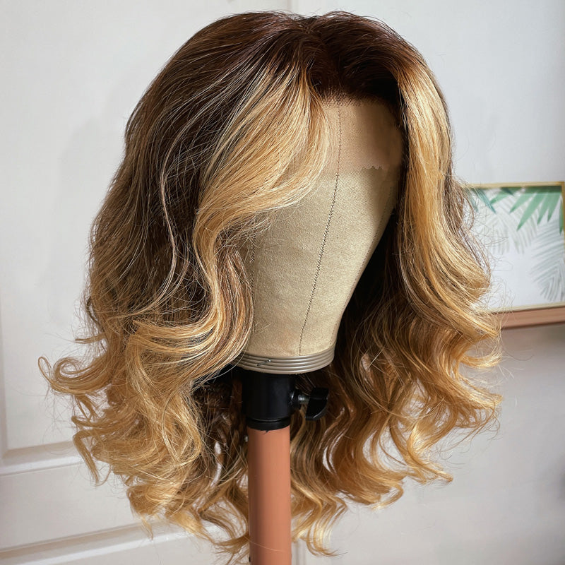 Dark Root Brown to Blonde Lace Front Wig Pre Plucked Ombre Klaiyi Human Hair