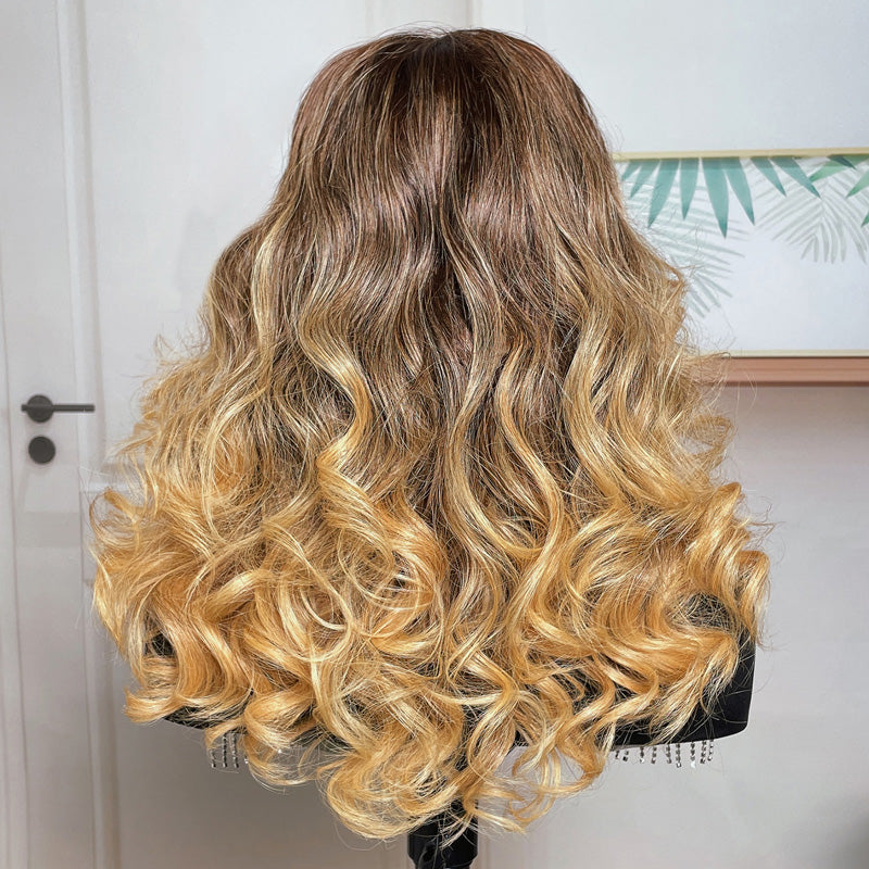 Dark Root Brown to Blonde Lace Front Wig Pre Plucked Ombre Klaiyi Human Hair