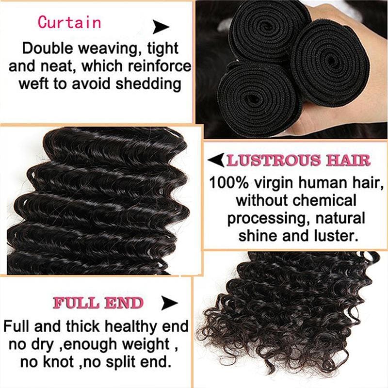 Klaiyi 3Pcs/Pack Peruvian Deep Wave Virgin Human Hair Weft