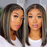 Klaiyi Short Bob Natural Color With Peek A Boo Blonde Highlights Lace Front Wig Flash Sale