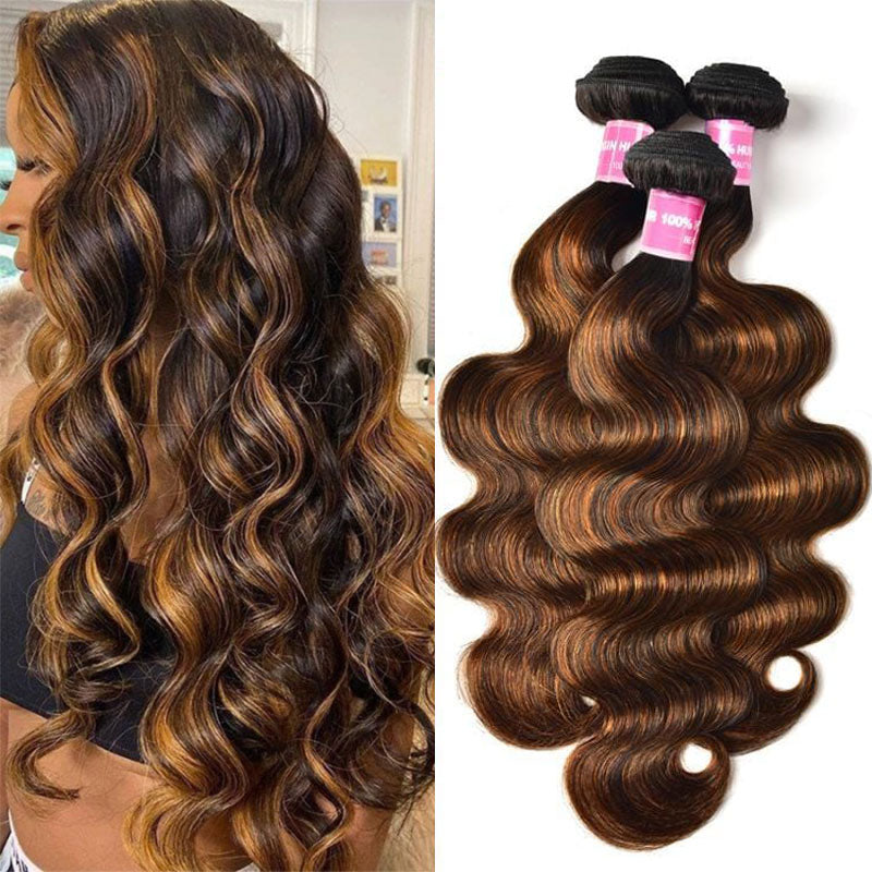 Klaiyi Brown Balayage #1b/30 Highlight Color Body Wave Human Virgin Hair Bundles Deal Flash Sale