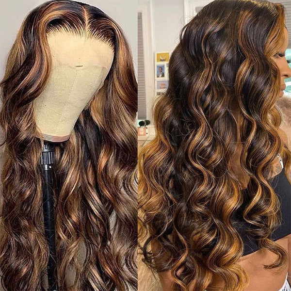 Klaiyi Shadow Root Blonde Highlight Body Wave Human Hair Wigs #FB30 Balayage Color Lace Front Wigs