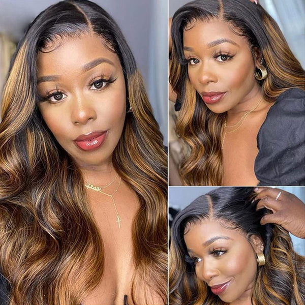 Klaiyi Lace Front Wig Dark Root Brown Balayage Highlight Natural Density Human Hair Wigs