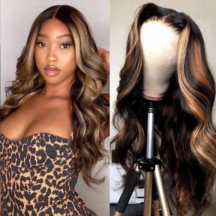 Klaiyi Brown Balayage 13x4 Lace Front Wigs 1B/30 Pre-Highlighted Body Wave Human Hair Wigs