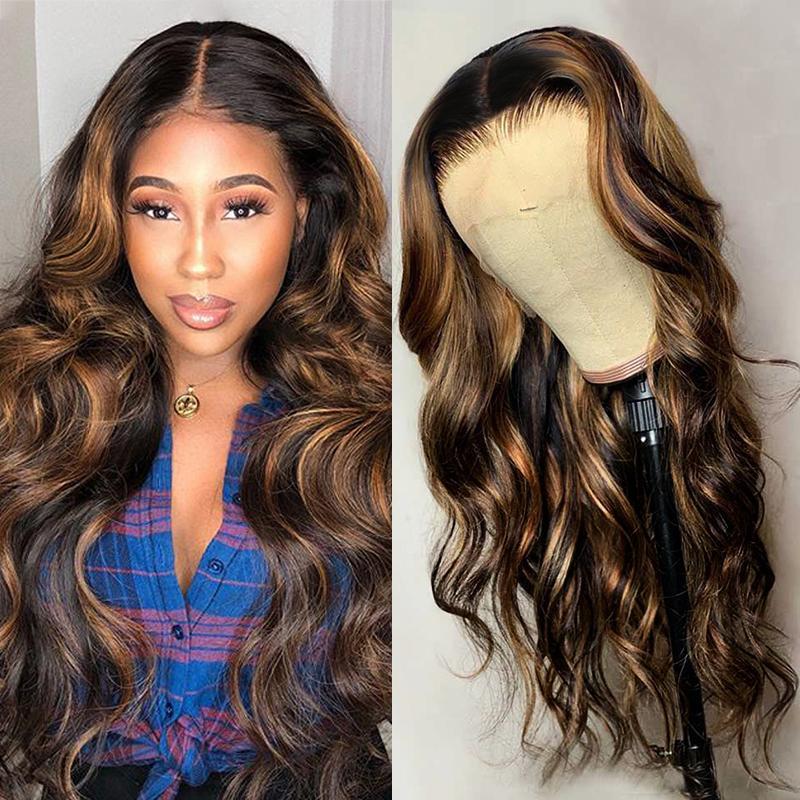 Klaiyi Brown Balayage 13x4 Lace Front Wigs 1B/30 Pre-Highlighted Body Wave Human Hair Wigs