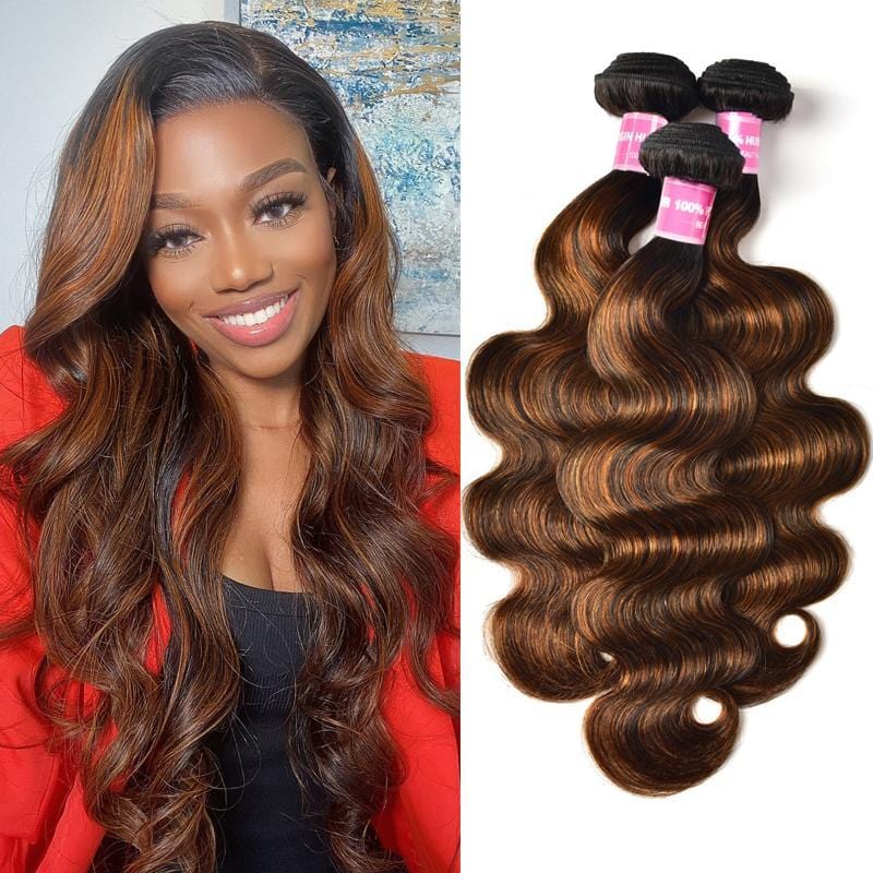 Klaiyi Brown Balayage #1b/30 Highlight Color Body Wave Human Virgin Hair Bundles Deal Flash Sale