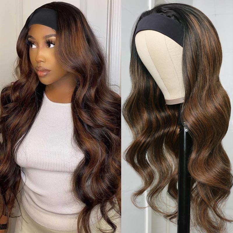 Klaiyi Dark Roots Balayage Highlight Body Wave Headband Wigs 1B/30 Ombre Color Human Hair Wigs