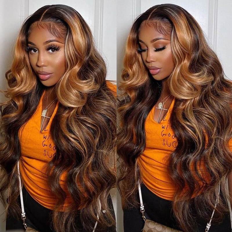 Klaiyi Brown Balayage 13x4 Lace Front Wigs 1B/30 Pre-Highlighted Body Wave Human Hair Wigs
