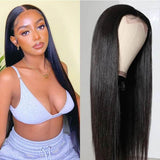 Klaiyi Fake Scalp Wig Straight Human Hair Lace Part Wig Preplucked Natural Hairline 150% Density