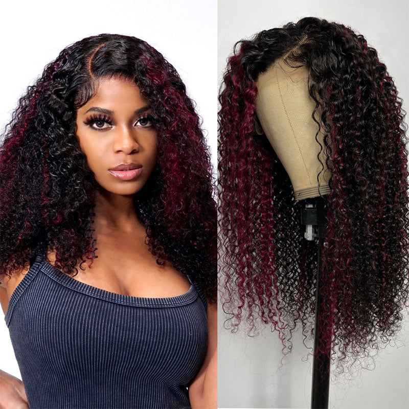 Klaiyi Dark Burgundy With Rose Red Highlights Curly Lace Front Wig