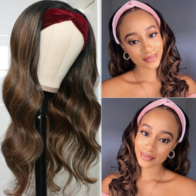 Klaiyi Dark Roots Balayage Highlight Body Wave Headband Wigs 1B/30 Ombre Color Human Hair Wigs