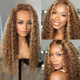 Klaiyi Honey Blonde Highlight Lace Frontal Wig Pre Plucked Jerry Curly Natural Density Human Hair Wigs