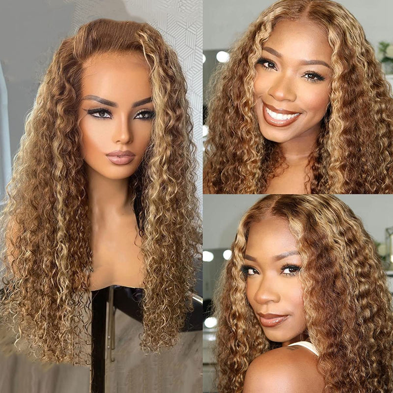 Klaiyi Honey Blonde Highlight Lace Frontal Wig Pre Plucked Jerry Curly Natural Density Human Hair Wigs