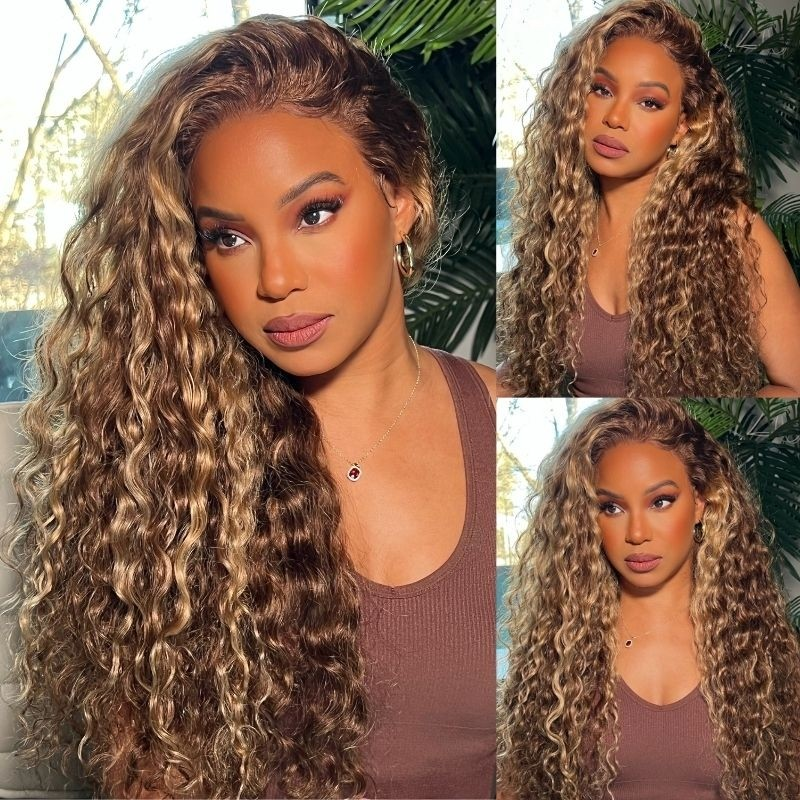 Klaiyi Ombre Highlight Lace Front Wig Water Wave Honey Blonde Human Hair Fall Trend Color Wig