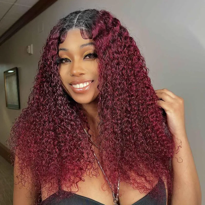 Klaiyi V Part Jerry Curly No Leave Out Glueless Wigs Dark Roots 99J Color Human Hair Wigs