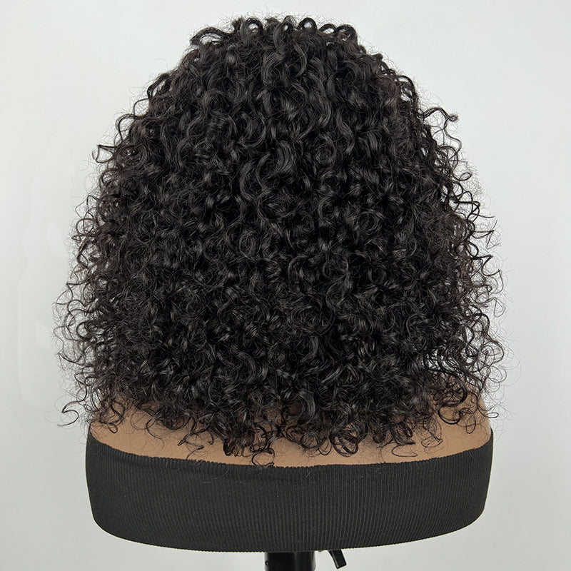 Klaiyi Glueless Short Bob Wig Tousled Bouncy Curly With Bangs Machine Made Wig Virgin Human Hair