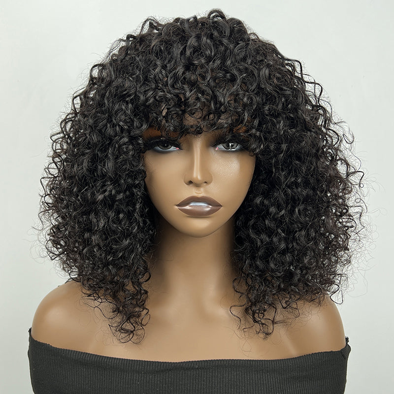 Klaiyi Glueless Short Bob Wig Tousled Bouncy Curly With Bangs Machine Made Wig Virgin Human Hair