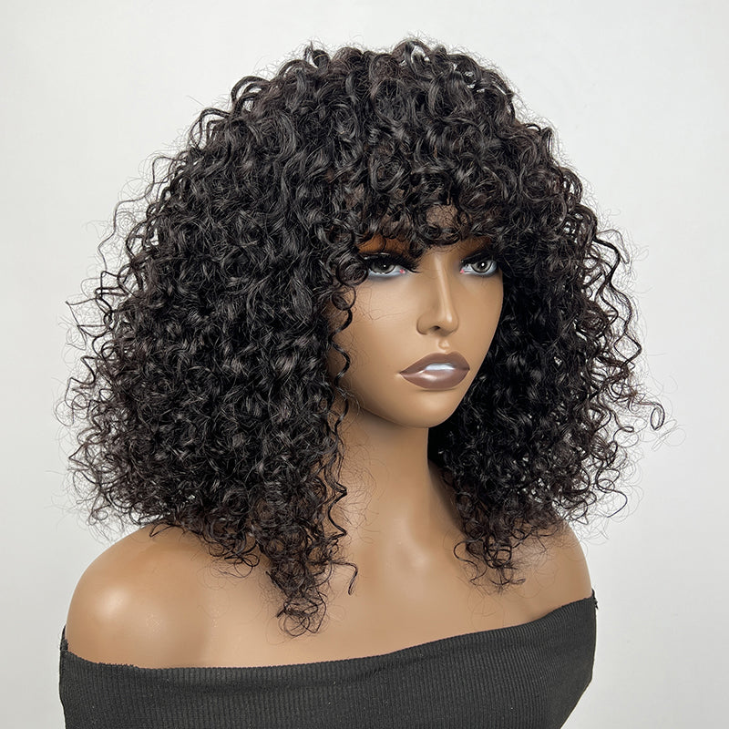 Klaiyi Glueless Short Bob Wig Tousled Bouncy Curly With Bangs Machine Made Wig Virgin Human Hair